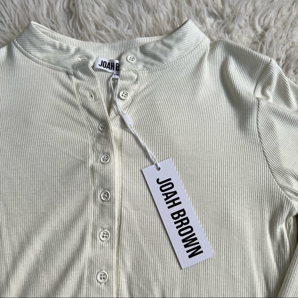 Joah Brown Ribbed Henley Top in Off-White/Cream